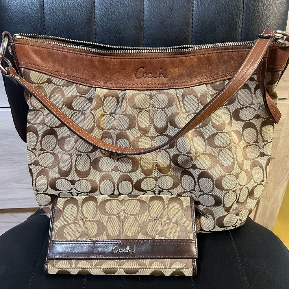 Coach Brown and Tan Signature Bag with wallet
